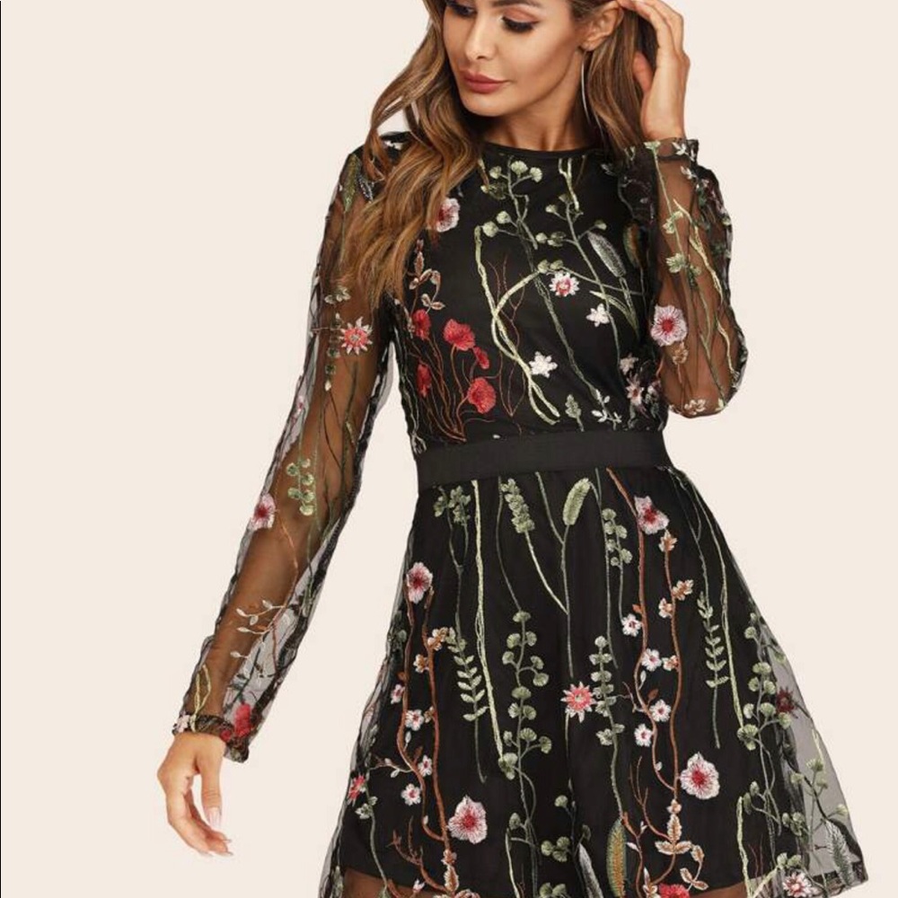 Shein floral embroidered black mesh overlay dress